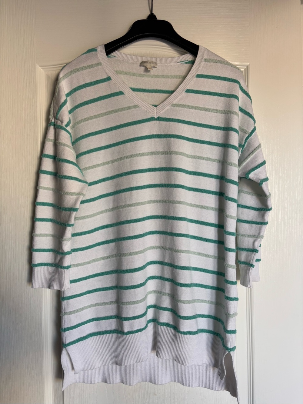 Talbot Terry Cloth Striped V-Neck white Sweater horizontal green stripes Large